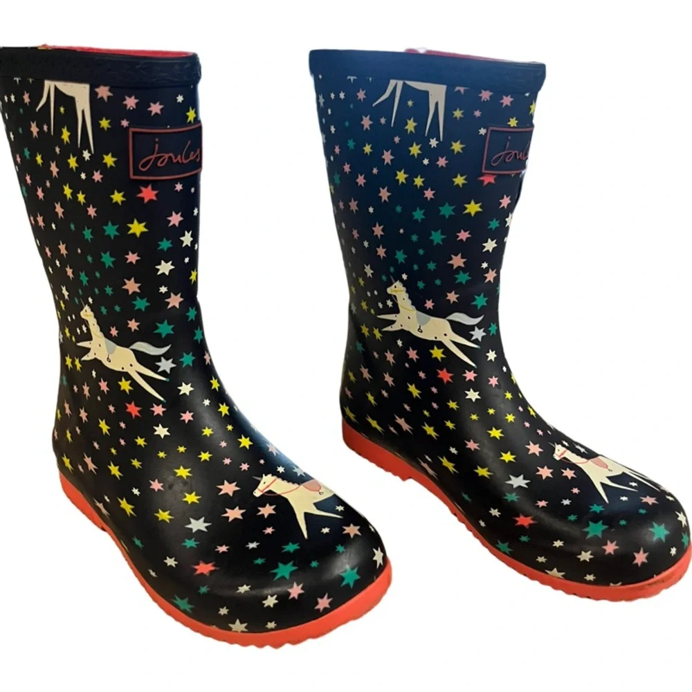 Joules Roll Up Flexible Printed Rain Boots - Navy Unicorns  Size 1